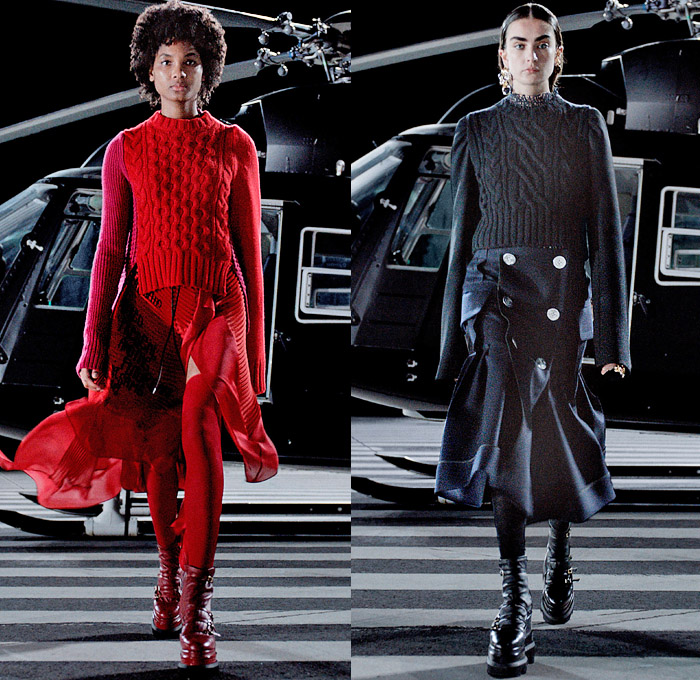 Sacai 2021-2022 Fall Autumn Winter Womens Runway Catwalk Looks - Chitose Abe - Helicopter Deconstructed Hybrid Patchwork Panels Denim Jeans Trench Pea Coat Tweed Frayed Raw Hem Knit Weave Turtleneck Sweater Military Aviator Crop Top Midriff Draped Long Skirt Quilted Puffer Jacket Cargo Utility Pockets Sheer Tulle Fur Plush Shearling Accordion Pleats Sweaterdress Drawstring Fringes Shawl Long Sleeve Blouse Tights Leggings Combat Biker Boots