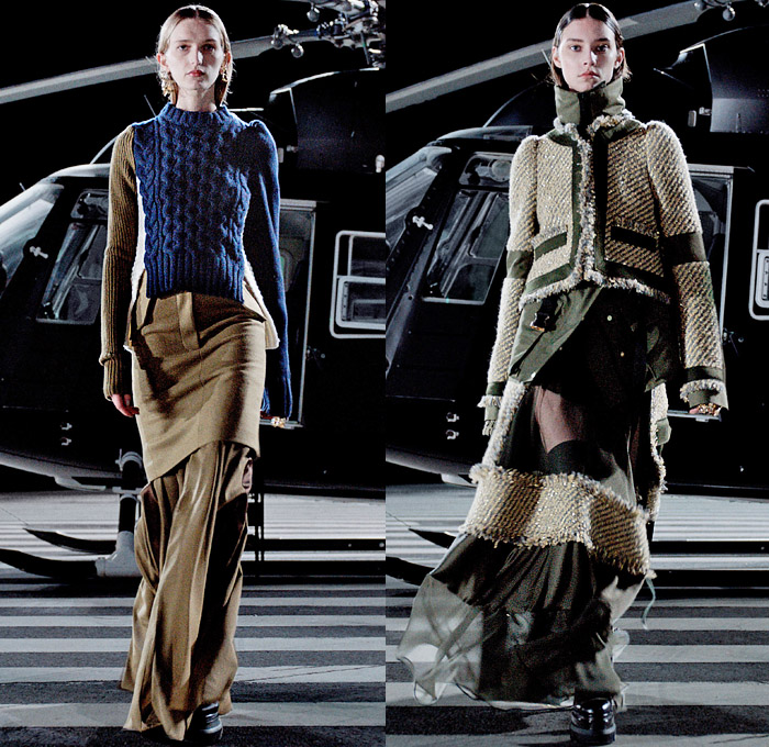 Sacai 2021-2022 Fall Autumn Winter Womens Runway Catwalk Looks - Chitose Abe - Helicopter Deconstructed Hybrid Patchwork Panels Denim Jeans Trench Pea Coat Tweed Frayed Raw Hem Knit Weave Turtleneck Sweater Military Aviator Crop Top Midriff Draped Long Skirt Quilted Puffer Jacket Cargo Utility Pockets Sheer Tulle Fur Plush Shearling Accordion Pleats Sweaterdress Drawstring Fringes Shawl Long Sleeve Blouse Tights Leggings Combat Biker Boots