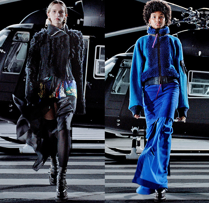Sacai 2021-2022 Fall Autumn Winter Womens Runway Catwalk Looks - Chitose Abe - Helicopter Deconstructed Hybrid Patchwork Panels Denim Jeans Trench Pea Coat Tweed Frayed Raw Hem Knit Weave Turtleneck Sweater Military Aviator Crop Top Midriff Draped Long Skirt Quilted Puffer Jacket Cargo Utility Pockets Sheer Tulle Fur Plush Shearling Accordion Pleats Sweaterdress Drawstring Fringes Shawl Long Sleeve Blouse Tights Leggings Combat Biker Boots
