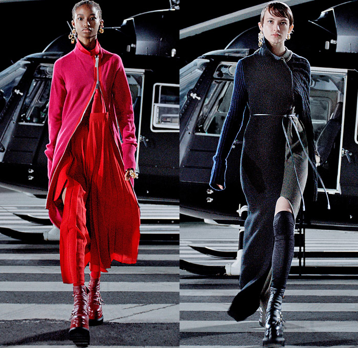 Sacai 2021-2022 Fall Autumn Winter Womens Runway Catwalk Looks - Chitose Abe - Helicopter Deconstructed Hybrid Patchwork Panels Denim Jeans Trench Pea Coat Tweed Frayed Raw Hem Knit Weave Turtleneck Sweater Military Aviator Crop Top Midriff Draped Long Skirt Quilted Puffer Jacket Cargo Utility Pockets Sheer Tulle Fur Plush Shearling Accordion Pleats Sweaterdress Drawstring Fringes Shawl Long Sleeve Blouse Tights Leggings Combat Biker Boots