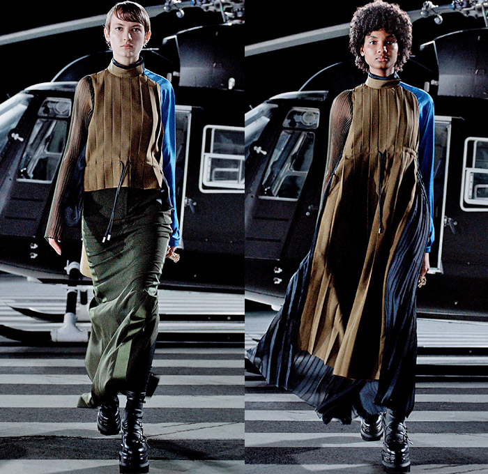 Sacai 2021-2022 Fall Autumn Winter Womens Runway Catwalk Looks - Chitose Abe - Helicopter Deconstructed Hybrid Patchwork Panels Denim Jeans Trench Pea Coat Tweed Frayed Raw Hem Knit Weave Turtleneck Sweater Military Aviator Crop Top Midriff Draped Long Skirt Quilted Puffer Jacket Cargo Utility Pockets Sheer Tulle Fur Plush Shearling Accordion Pleats Sweaterdress Drawstring Fringes Shawl Long Sleeve Blouse Tights Leggings Combat Biker Boots