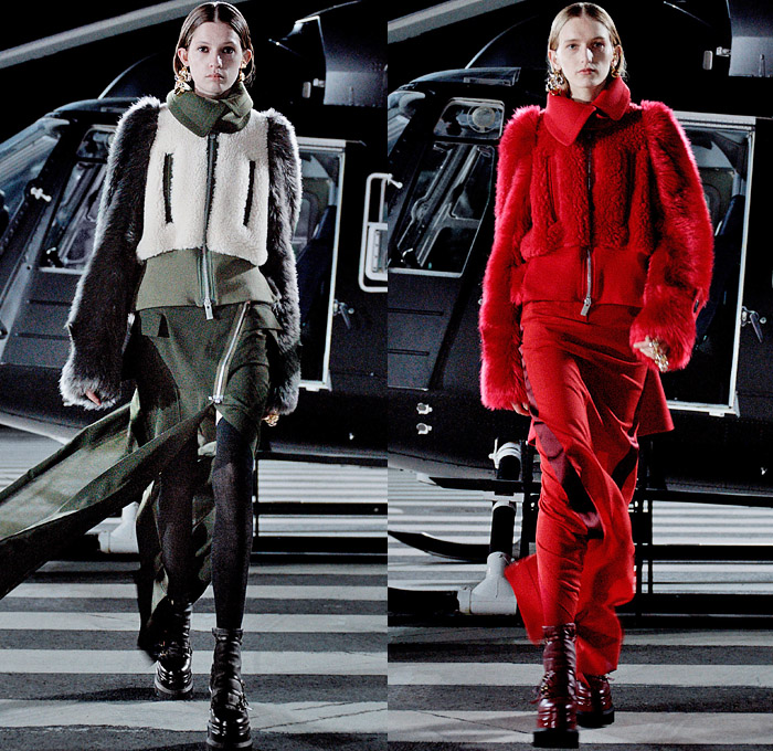 Sacai 2021-2022 Fall Autumn Winter Womens Runway Catwalk Looks - Chitose Abe - Helicopter Deconstructed Hybrid Patchwork Panels Denim Jeans Trench Pea Coat Tweed Frayed Raw Hem Knit Weave Turtleneck Sweater Military Aviator Crop Top Midriff Draped Long Skirt Quilted Puffer Jacket Cargo Utility Pockets Sheer Tulle Fur Plush Shearling Accordion Pleats Sweaterdress Drawstring Fringes Shawl Long Sleeve Blouse Tights Leggings Combat Biker Boots