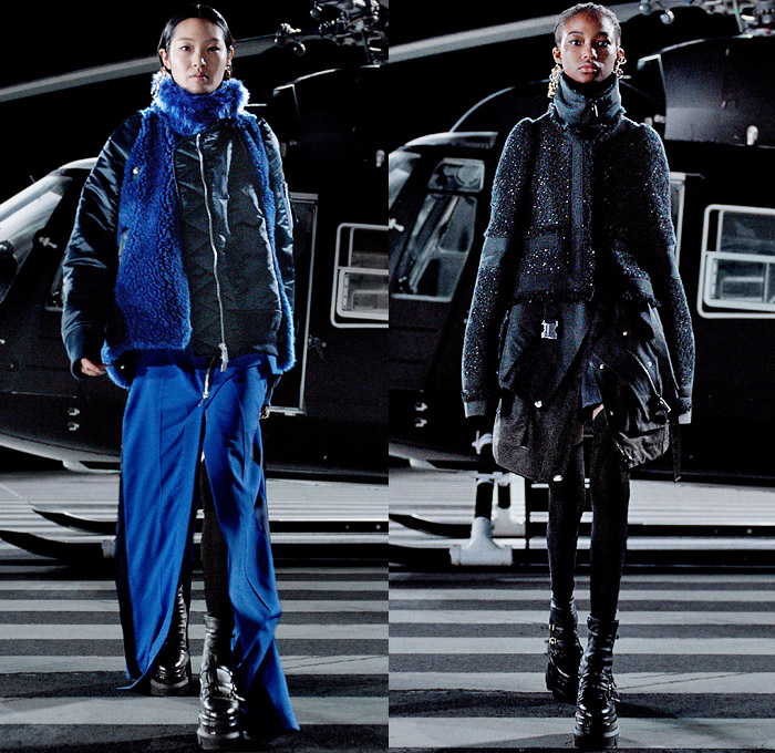 Sacai 2021-2022 Fall Autumn Winter Womens Runway Catwalk Looks - Chitose Abe - Helicopter Deconstructed Hybrid Patchwork Panels Denim Jeans Trench Pea Coat Tweed Frayed Raw Hem Knit Weave Turtleneck Sweater Military Aviator Crop Top Midriff Draped Long Skirt Quilted Puffer Jacket Cargo Utility Pockets Sheer Tulle Fur Plush Shearling Accordion Pleats Sweaterdress Drawstring Fringes Shawl Long Sleeve Blouse Tights Leggings Combat Biker Boots