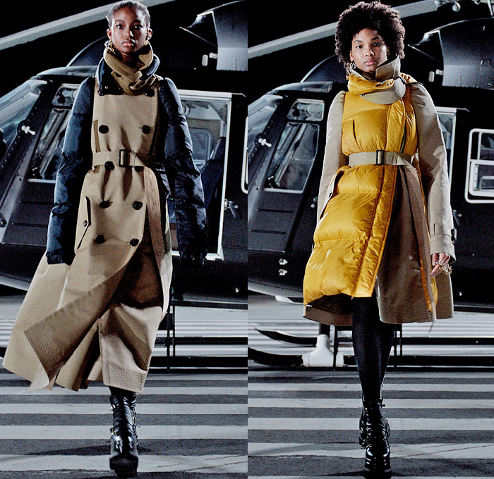 Sacai 2021-2022 Fall Autumn Winter Womens Runway Catwalk Looks - Chitose Abe - Helicopter Deconstructed Hybrid Patchwork Panels Denim Jeans Trench Pea Coat Tweed Frayed Raw Hem Knit Weave Turtleneck Sweater Military Aviator Crop Top Midriff Draped Long Skirt Quilted Puffer Jacket Cargo Utility Pockets Sheer Tulle Fur Plush Shearling Accordion Pleats Sweaterdress Drawstring Fringes Shawl Long Sleeve Blouse Tights Leggings Combat Biker Boots