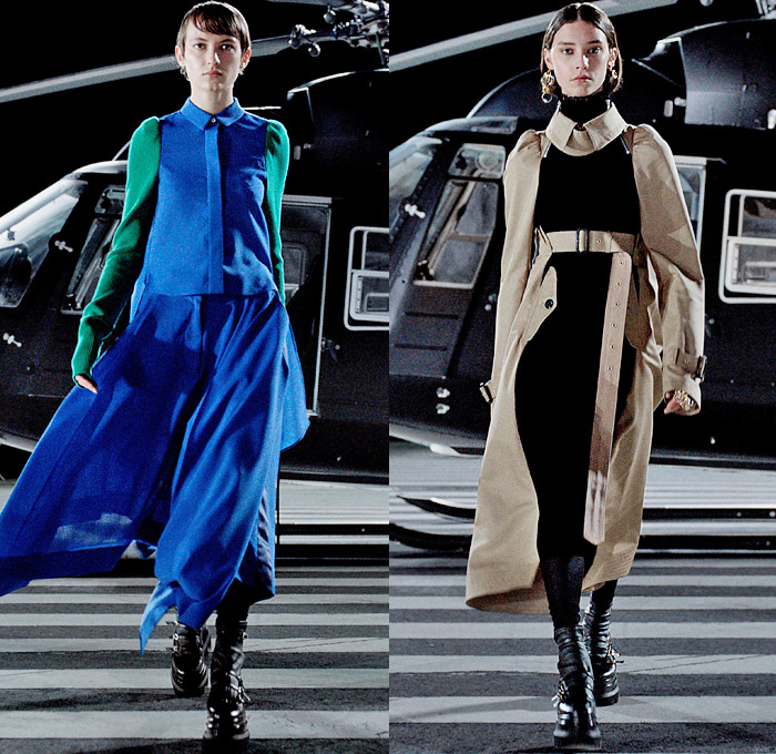 Sacai 2021-2022 Fall Autumn Winter Womens Runway Catwalk Looks - Chitose Abe - Helicopter Deconstructed Hybrid Patchwork Panels Denim Jeans Trench Pea Coat Tweed Frayed Raw Hem Knit Weave Turtleneck Sweater Military Aviator Crop Top Midriff Draped Long Skirt Quilted Puffer Jacket Cargo Utility Pockets Sheer Tulle Fur Plush Shearling Accordion Pleats Sweaterdress Drawstring Fringes Shawl Long Sleeve Blouse Tights Leggings Combat Biker Boots