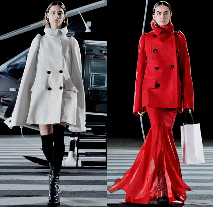 Sacai 2021-2022 Fall Autumn Winter Womens Runway Catwalk Looks - Chitose Abe - Helicopter Deconstructed Hybrid Patchwork Panels Denim Jeans Trench Pea Coat Tweed Frayed Raw Hem Knit Weave Turtleneck Sweater Military Aviator Crop Top Midriff Draped Long Skirt Quilted Puffer Jacket Cargo Utility Pockets Sheer Tulle Fur Plush Shearling Accordion Pleats Sweaterdress Drawstring Fringes Shawl Long Sleeve Blouse Tights Leggings Combat Biker Boots