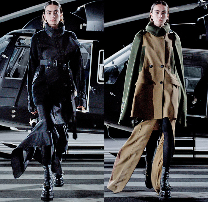 Sacai 2021-2022 Fall Autumn Winter Womens Runway Catwalk Looks - Chitose Abe - Helicopter Deconstructed Hybrid Patchwork Panels Denim Jeans Trench Pea Coat Tweed Frayed Raw Hem Knit Weave Turtleneck Sweater Military Aviator Crop Top Midriff Draped Long Skirt Quilted Puffer Jacket Cargo Utility Pockets Sheer Tulle Fur Plush Shearling Accordion Pleats Sweaterdress Drawstring Fringes Shawl Long Sleeve Blouse Tights Leggings Combat Biker Boots