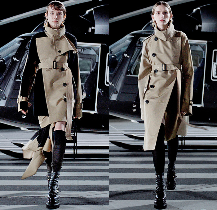 Sacai 2021-2022 Fall Autumn Winter Womens Runway Catwalk Looks - Chitose Abe - Helicopter Deconstructed Hybrid Patchwork Panels Denim Jeans Trench Pea Coat Tweed Frayed Raw Hem Knit Weave Turtleneck Sweater Military Aviator Crop Top Midriff Draped Long Skirt Quilted Puffer Jacket Cargo Utility Pockets Sheer Tulle Fur Plush Shearling Accordion Pleats Sweaterdress Drawstring Fringes Shawl Long Sleeve Blouse Tights Leggings Combat Biker Boots