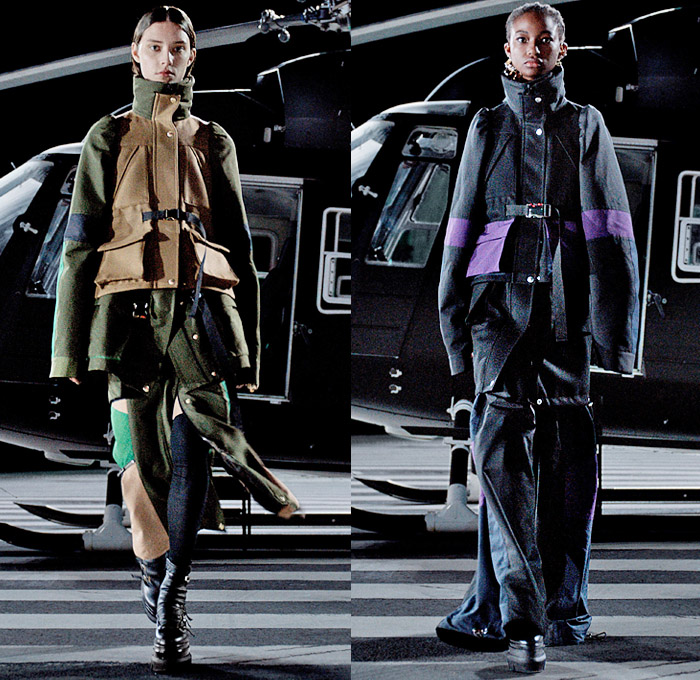 Sacai 2021-2022 Fall Autumn Winter Womens Runway Catwalk Looks - Chitose Abe - Helicopter Deconstructed Hybrid Patchwork Panels Denim Jeans Trench Pea Coat Tweed Frayed Raw Hem Knit Weave Turtleneck Sweater Military Aviator Crop Top Midriff Draped Long Skirt Quilted Puffer Jacket Cargo Utility Pockets Sheer Tulle Fur Plush Shearling Accordion Pleats Sweaterdress Drawstring Fringes Shawl Long Sleeve Blouse Tights Leggings Combat Biker Boots