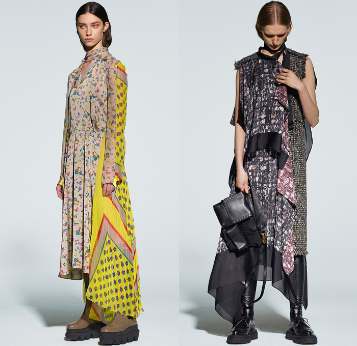 Sacai 2021 Pre-Fall Autumn Womens Lookbook Presentation - Deconstructed Hybrid Patchwork Flowers Floral Maxi Dress Sheer Chiffon Shirtdress Onesie Frayed Tweed Knit Sweater Funnel Neck Accordion Pleats Mullet High-Low Asymmetrical Hem Wide leg Culottes Chain Safety Pins Pockets Gloves Vest Fur Shearling Quilted Puffer Trench Coat Bomber Jacket Crop Top Midriff Pea Coat Sweatshirt Camouflage Tote Handbag Doctor's Bag Fanny Pack Belt Bum Bag Pouch Sock Leggings Tights Sandals Boots