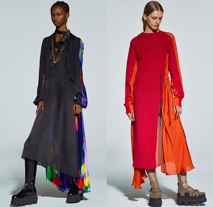 Sacai 2021 Pre-Fall Autumn Womens Lookbook Presentation - Deconstructed Hybrid Patchwork Flowers Floral Maxi Dress Sheer Chiffon Shirtdress Onesie Frayed Tweed Knit Sweater Funnel Neck Accordion Pleats Mullet High-Low Asymmetrical Hem Wide leg Culottes Chain Safety Pins Pockets Gloves Vest Fur Shearling Quilted Puffer Trench Coat Bomber Jacket Crop Top Midriff Pea Coat Sweatshirt Camouflage Tote Handbag Doctor's Bag Fanny Pack Belt Bum Bag Pouch Sock Leggings Tights Sandals Boots