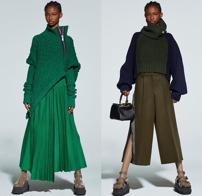 Sacai 2021 Pre-Fall Autumn Womens Lookbook Presentation - Deconstructed Hybrid Patchwork Flowers Floral Maxi Dress Sheer Chiffon Shirtdress Onesie Frayed Tweed Knit Sweater Funnel Neck Accordion Pleats Mullet High-Low Asymmetrical Hem Wide leg Culottes Chain Safety Pins Pockets Gloves Vest Fur Shearling Quilted Puffer Trench Coat Bomber Jacket Crop Top Midriff Pea Coat Sweatshirt Camouflage Tote Handbag Doctor's Bag Fanny Pack Belt Bum Bag Pouch Sock Leggings Tights Sandals Boots