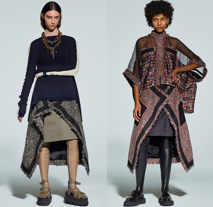 Sacai 2021 Pre-Fall Autumn Womens Lookbook Presentation - Deconstructed Hybrid Patchwork Flowers Floral Maxi Dress Sheer Chiffon Shirtdress Onesie Frayed Tweed Knit Sweater Funnel Neck Accordion Pleats Mullet High-Low Asymmetrical Hem Wide leg Culottes Chain Safety Pins Pockets Gloves Vest Fur Shearling Quilted Puffer Trench Coat Bomber Jacket Crop Top Midriff Pea Coat Sweatshirt Camouflage Tote Handbag Doctor's Bag Fanny Pack Belt Bum Bag Pouch Sock Leggings Tights Sandals Boots