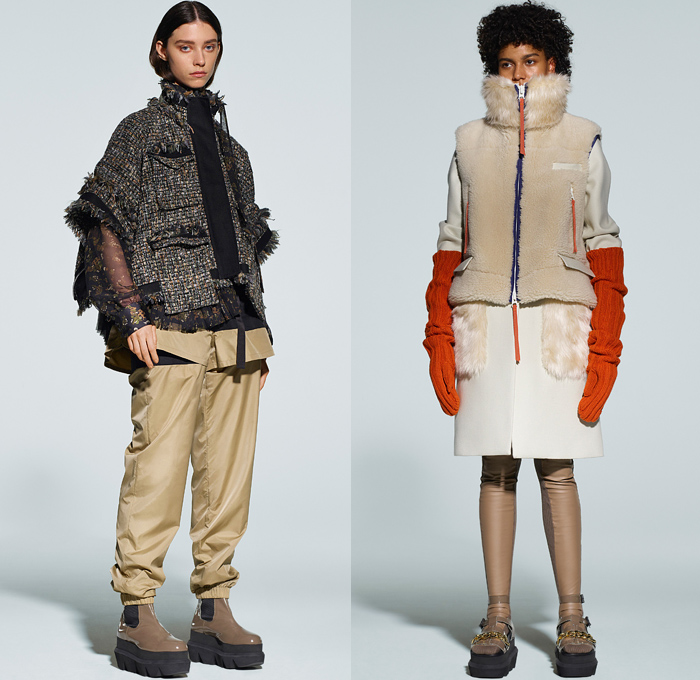 Sacai 2021 Pre-Fall Autumn Womens Lookbook Presentation - Deconstructed Hybrid Patchwork Flowers Floral Maxi Dress Sheer Chiffon Shirtdress Onesie Frayed Tweed Knit Sweater Funnel Neck Accordion Pleats Mullet High-Low Asymmetrical Hem Wide leg Culottes Chain Safety Pins Pockets Gloves Vest Fur Shearling Quilted Puffer Trench Coat Bomber Jacket Crop Top Midriff Pea Coat Sweatshirt Camouflage Tote Handbag Doctor's Bag Fanny Pack Belt Bum Bag Pouch Sock Leggings Tights Sandals Boots