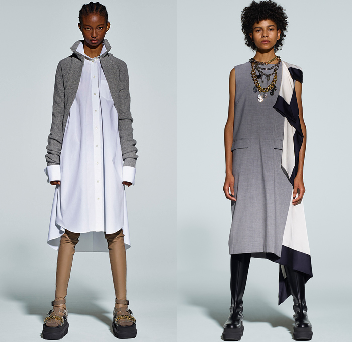 Sacai 2021 Pre-Fall Autumn Womens Lookbook Presentation - Deconstructed Hybrid Patchwork Flowers Floral Maxi Dress Sheer Chiffon Shirtdress Onesie Frayed Tweed Knit Sweater Funnel Neck Accordion Pleats Mullet High-Low Asymmetrical Hem Wide leg Culottes Chain Safety Pins Pockets Gloves Vest Fur Shearling Quilted Puffer Trench Coat Bomber Jacket Crop Top Midriff Pea Coat Sweatshirt Camouflage Tote Handbag Doctor's Bag Fanny Pack Belt Bum Bag Pouch Sock Leggings Tights Sandals Boots