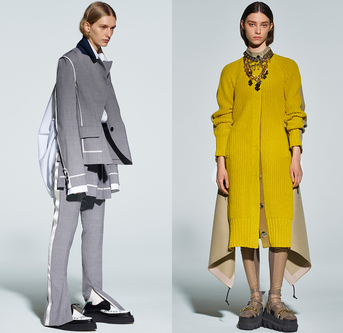 Sacai 2021 Pre-Fall Autumn Womens Lookbook Presentation - Deconstructed Hybrid Patchwork Flowers Floral Maxi Dress Sheer Chiffon Shirtdress Onesie Frayed Tweed Knit Sweater Funnel Neck Accordion Pleats Mullet High-Low Asymmetrical Hem Wide leg Culottes Chain Safety Pins Pockets Gloves Vest Fur Shearling Quilted Puffer Trench Coat Bomber Jacket Crop Top Midriff Pea Coat Sweatshirt Camouflage Tote Handbag Doctor's Bag Fanny Pack Belt Bum Bag Pouch Sock Leggings Tights Sandals Boots