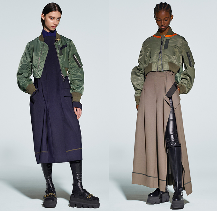 Sacai 2021 Pre-Fall Autumn Womens Lookbook Presentation - Deconstructed Hybrid Patchwork Flowers Floral Maxi Dress Sheer Chiffon Shirtdress Onesie Frayed Tweed Knit Sweater Funnel Neck Accordion Pleats Mullet High-Low Asymmetrical Hem Wide leg Culottes Chain Safety Pins Pockets Gloves Vest Fur Shearling Quilted Puffer Trench Coat Bomber Jacket Crop Top Midriff Pea Coat Sweatshirt Camouflage Tote Handbag Doctor's Bag Fanny Pack Belt Bum Bag Pouch Sock Leggings Tights Sandals Boots