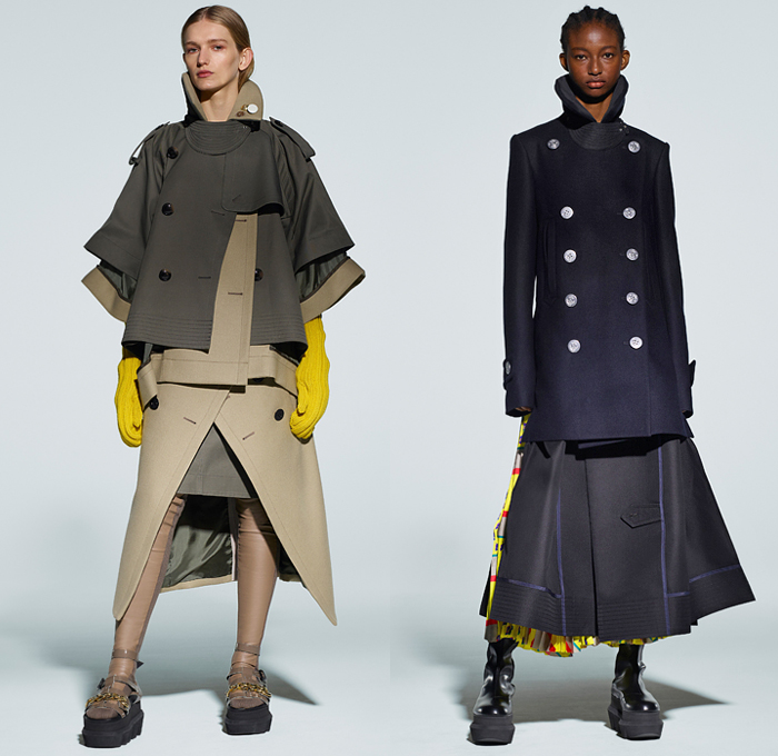 Sacai 2021 Pre-Fall Autumn Womens Lookbook Presentation - Deconstructed Hybrid Patchwork Flowers Floral Maxi Dress Sheer Chiffon Shirtdress Onesie Frayed Tweed Knit Sweater Funnel Neck Accordion Pleats Mullet High-Low Asymmetrical Hem Wide leg Culottes Chain Safety Pins Pockets Gloves Vest Fur Shearling Quilted Puffer Trench Coat Bomber Jacket Crop Top Midriff Pea Coat Sweatshirt Camouflage Tote Handbag Doctor's Bag Fanny Pack Belt Bum Bag Pouch Sock Leggings Tights Sandals Boots