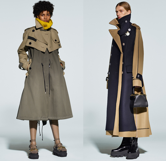 Sacai 2021 Pre-Fall Autumn Womens Lookbook Presentation - Deconstructed Hybrid Patchwork Flowers Floral Maxi Dress Sheer Chiffon Shirtdress Onesie Frayed Tweed Knit Sweater Funnel Neck Accordion Pleats Mullet High-Low Asymmetrical Hem Wide leg Culottes Chain Safety Pins Pockets Gloves Vest Fur Shearling Quilted Puffer Trench Coat Bomber Jacket Crop Top Midriff Pea Coat Sweatshirt Camouflage Tote Handbag Doctor's Bag Fanny Pack Belt Bum Bag Pouch Sock Leggings Tights Sandals Boots