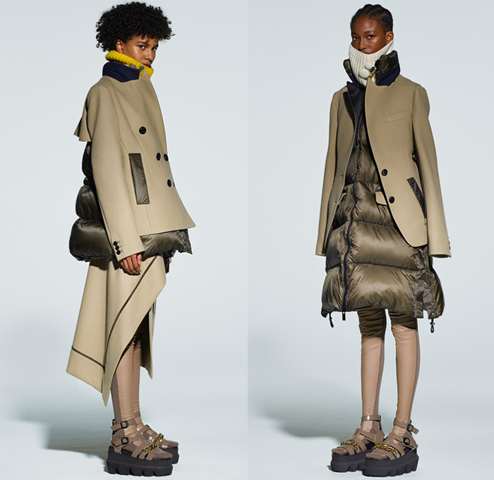 Sacai 2021 Pre-Fall Autumn Womens Lookbook Presentation - Deconstructed Hybrid Patchwork Flowers Floral Maxi Dress Sheer Chiffon Shirtdress Onesie Frayed Tweed Knit Sweater Funnel Neck Accordion Pleats Mullet High-Low Asymmetrical Hem Wide leg Culottes Chain Safety Pins Pockets Gloves Vest Fur Shearling Quilted Puffer Trench Coat Bomber Jacket Crop Top Midriff Pea Coat Sweatshirt Camouflage Tote Handbag Doctor's Bag Fanny Pack Belt Bum Bag Pouch Sock Leggings Tights Sandals Boots