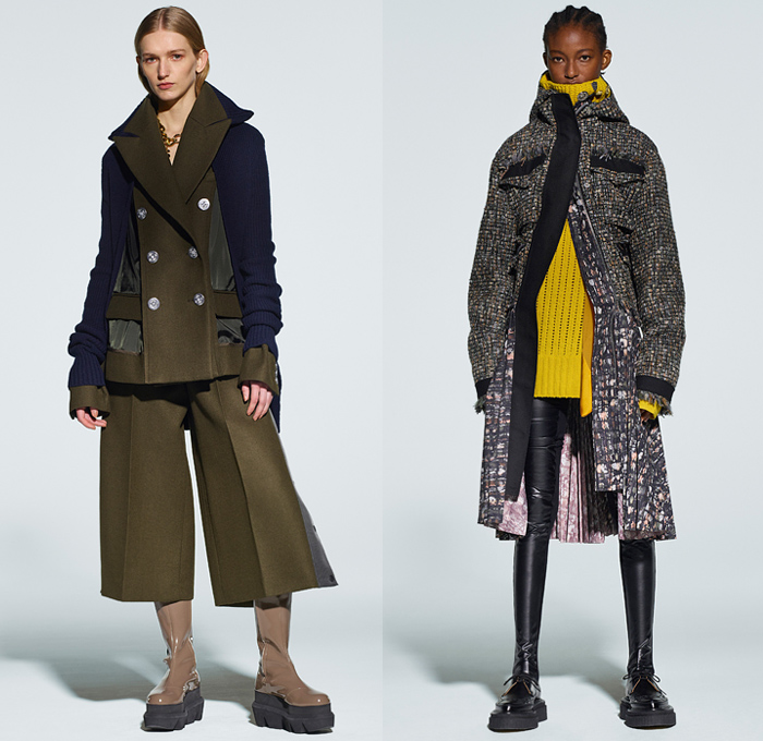 Sacai 2021 Pre-Fall Autumn Womens Lookbook Presentation - Deconstructed Hybrid Patchwork Flowers Floral Maxi Dress Sheer Chiffon Shirtdress Onesie Frayed Tweed Knit Sweater Funnel Neck Accordion Pleats Mullet High-Low Asymmetrical Hem Wide leg Culottes Chain Safety Pins Pockets Gloves Vest Fur Shearling Quilted Puffer Trench Coat Bomber Jacket Crop Top Midriff Pea Coat Sweatshirt Camouflage Tote Handbag Doctor's Bag Fanny Pack Belt Bum Bag Pouch Sock Leggings Tights Sandals Boots