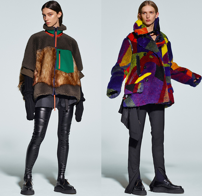 Sacai 2021 Pre-Fall Autumn Womens Lookbook Presentation - Deconstructed Hybrid Patchwork Flowers Floral Maxi Dress Sheer Chiffon Shirtdress Onesie Frayed Tweed Knit Sweater Funnel Neck Accordion Pleats Mullet High-Low Asymmetrical Hem Wide leg Culottes Chain Safety Pins Pockets Gloves Vest Fur Shearling Quilted Puffer Trench Coat Bomber Jacket Crop Top Midriff Pea Coat Sweatshirt Camouflage Tote Handbag Doctor's Bag Fanny Pack Belt Bum Bag Pouch Sock Leggings Tights Sandals Boots