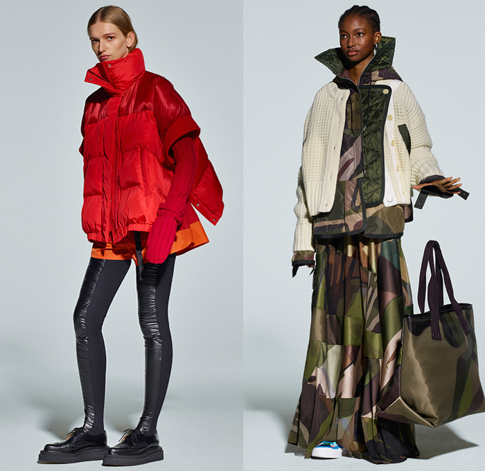 Sacai 2021 Pre-Fall Autumn Womens Lookbook Presentation - Deconstructed Hybrid Patchwork Flowers Floral Maxi Dress Sheer Chiffon Shirtdress Onesie Frayed Tweed Knit Sweater Funnel Neck Accordion Pleats Mullet High-Low Asymmetrical Hem Wide leg Culottes Chain Safety Pins Pockets Gloves Vest Fur Shearling Quilted Puffer Trench Coat Bomber Jacket Crop Top Midriff Pea Coat Sweatshirt Camouflage Tote Handbag Doctor's Bag Fanny Pack Belt Bum Bag Pouch Sock Leggings Tights Sandals Boots