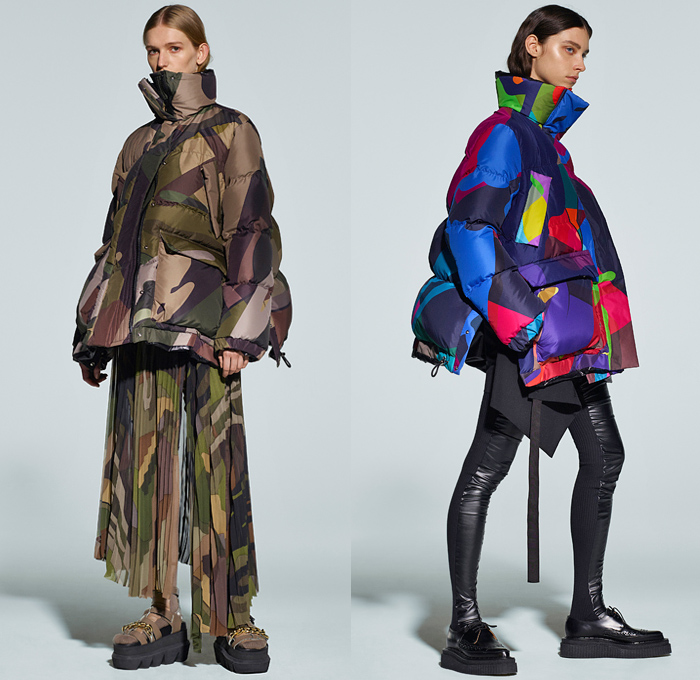 Sacai 2021 Pre-Fall Autumn Womens Lookbook Presentation - Deconstructed Hybrid Patchwork Flowers Floral Maxi Dress Sheer Chiffon Shirtdress Onesie Frayed Tweed Knit Sweater Funnel Neck Accordion Pleats Mullet High-Low Asymmetrical Hem Wide leg Culottes Chain Safety Pins Pockets Gloves Vest Fur Shearling Quilted Puffer Trench Coat Bomber Jacket Crop Top Midriff Pea Coat Sweatshirt Camouflage Tote Handbag Doctor's Bag Fanny Pack Belt Bum Bag Pouch Sock Leggings Tights Sandals Boots