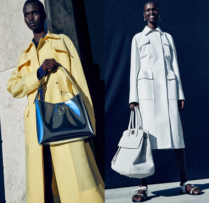 Salvatore Ferragamo 2021 Pre-Fall Autumn Womens Lookbook Presentation - Trench Coat Overcoat Flap Utility Cargo Pockets Geometric Prismatic Jacket Shirtdress Onesie Sleeveless Vest Tabard Wrap Knit Weave Skirt Patchwork Panel Dress Accordion Pleats Cycling Bicycle Compression Shorts Leggings Tights Handbag Tote Sandals Clogs Mules