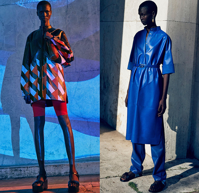 Salvatore Ferragamo 2021 Pre-Fall Autumn Womens Lookbook Presentation - Trench Coat Overcoat Flap Utility Cargo Pockets Geometric Prismatic Jacket Shirtdress Onesie Sleeveless Vest Tabard Wrap Knit Weave Skirt Patchwork Panel Dress Accordion Pleats Cycling Bicycle Compression Shorts Leggings Tights Handbag Tote Sandals Clogs Mules