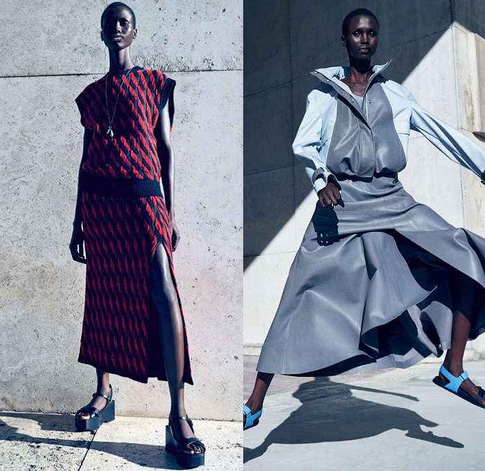 Salvatore Ferragamo 2021 Pre-Fall Autumn Womens Lookbook Presentation - Trench Coat Overcoat Flap Utility Cargo Pockets Geometric Prismatic Jacket Shirtdress Onesie Sleeveless Vest Tabard Wrap Knit Weave Skirt Patchwork Panel Dress Accordion Pleats Cycling Bicycle Compression Shorts Leggings Tights Handbag Tote Sandals Clogs Mules