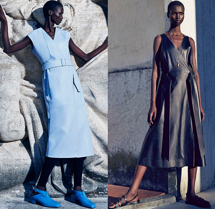 Salvatore Ferragamo 2021 Pre-Fall Autumn Womens Lookbook Presentation - Trench Coat Overcoat Flap Utility Cargo Pockets Geometric Prismatic Jacket Shirtdress Onesie Sleeveless Vest Tabard Wrap Knit Weave Skirt Patchwork Panel Dress Accordion Pleats Cycling Bicycle Compression Shorts Leggings Tights Handbag Tote Sandals Clogs Mules