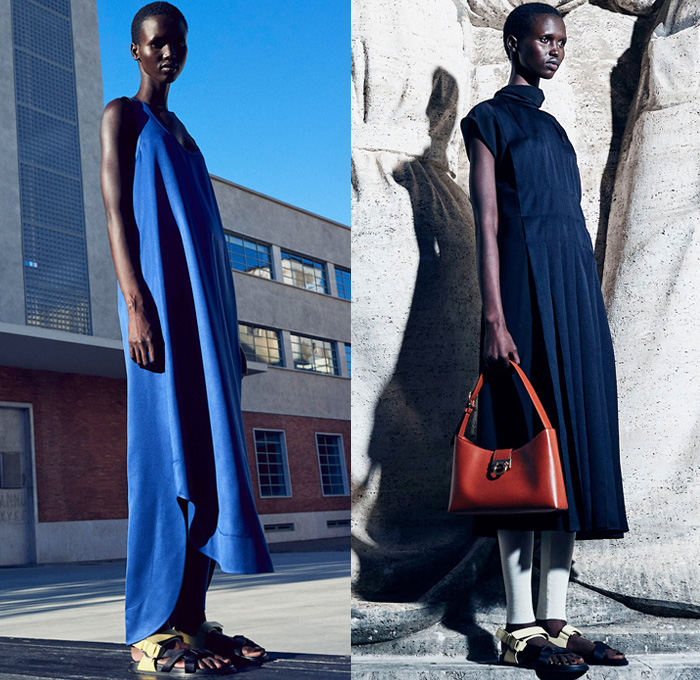 Salvatore Ferragamo 2021 Pre-Fall Autumn Womens Lookbook Presentation - Trench Coat Overcoat Flap Utility Cargo Pockets Geometric Prismatic Jacket Shirtdress Onesie Sleeveless Vest Tabard Wrap Knit Weave Skirt Patchwork Panel Dress Accordion Pleats Cycling Bicycle Compression Shorts Leggings Tights Handbag Tote Sandals Clogs Mules