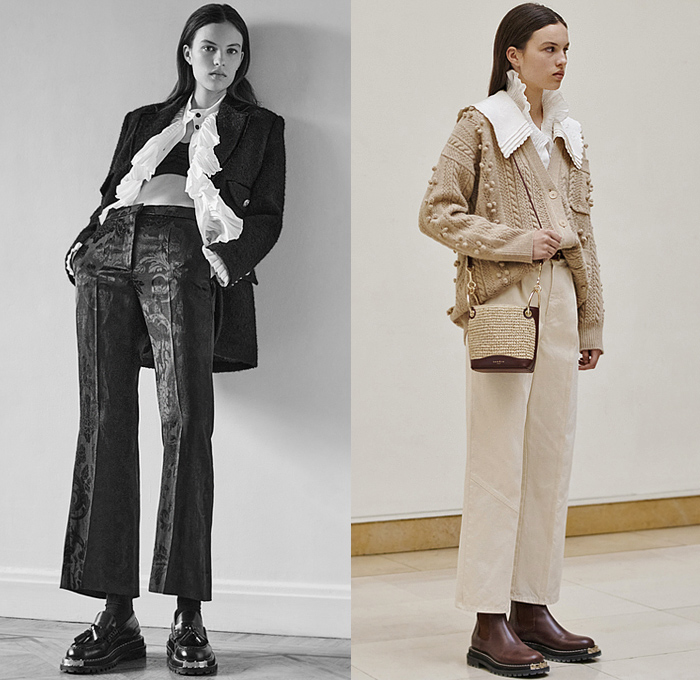 Sandro 2021-2022 Fall Autumn Winter Womens Lookbook Presentation - Paris Fashion Week Femme PFW - Corduroy Coat Peacoat Jacket Blazer Pantsuit Onesie Coveralls Jumpsuit Blouse Paisley Puritan Collar Lace Embroidery Mesh Vest Crop Top Midriff Geometric Jacquard Knit Crochet Sweater Cardigan Ruffles Dress Flowers Floral Scarf Pinstripe Miniskirt Pleats Hotpants Houndstooth Capelet Pellegrina Tiered Puff Sleeves Fur Shearling Quilted Puffer Denim Jeans Basket Handbag Boots Loafers