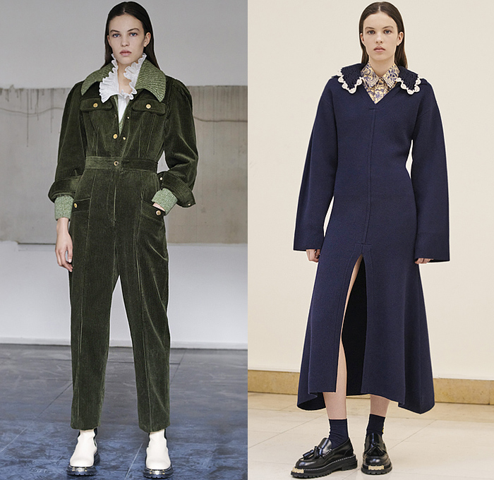 Sandro 2021-2022 Fall Autumn Winter Womens Lookbook Presentation - Paris Fashion Week Femme PFW - Corduroy Coat Peacoat Jacket Blazer Pantsuit Onesie Coveralls Jumpsuit Blouse Paisley Puritan Collar Lace Embroidery Mesh Vest Crop Top Midriff Geometric Jacquard Knit Crochet Sweater Cardigan Ruffles Dress Flowers Floral Scarf Pinstripe Miniskirt Pleats Hotpants Houndstooth Capelet Pellegrina Tiered Puff Sleeves Fur Shearling Quilted Puffer Denim Jeans Basket Handbag Boots Loafers