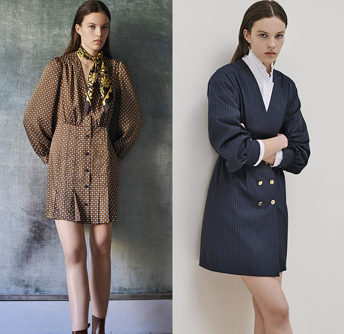 Sandro 2021-2022 Fall Autumn Winter Womens Lookbook Presentation - Paris Fashion Week Femme PFW - Corduroy Coat Peacoat Jacket Blazer Pantsuit Onesie Coveralls Jumpsuit Blouse Paisley Puritan Collar Lace Embroidery Mesh Vest Crop Top Midriff Geometric Jacquard Knit Crochet Sweater Cardigan Ruffles Dress Flowers Floral Scarf Pinstripe Miniskirt Pleats Hotpants Houndstooth Capelet Pellegrina Tiered Puff Sleeves Fur Shearling Quilted Puffer Denim Jeans Basket Handbag Boots Loafers