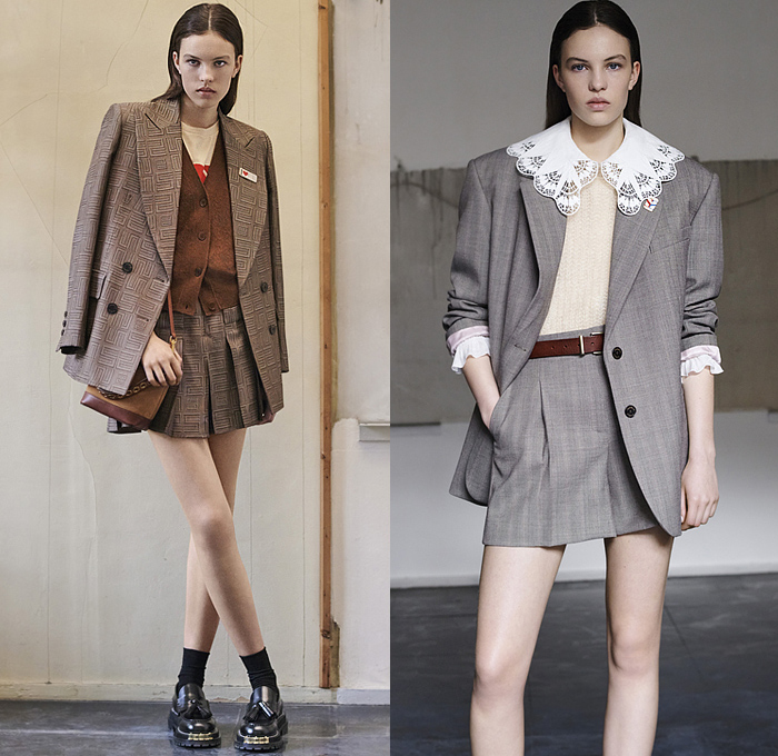 Sandro 2021-2022 Fall Autumn Winter Womens Lookbook Presentation - Paris Fashion Week Femme PFW - Corduroy Coat Peacoat Jacket Blazer Pantsuit Onesie Coveralls Jumpsuit Blouse Paisley Puritan Collar Lace Embroidery Mesh Vest Crop Top Midriff Geometric Jacquard Knit Crochet Sweater Cardigan Ruffles Dress Flowers Floral Scarf Pinstripe Miniskirt Pleats Hotpants Houndstooth Capelet Pellegrina Tiered Puff Sleeves Fur Shearling Quilted Puffer Denim Jeans Basket Handbag Boots Loafers