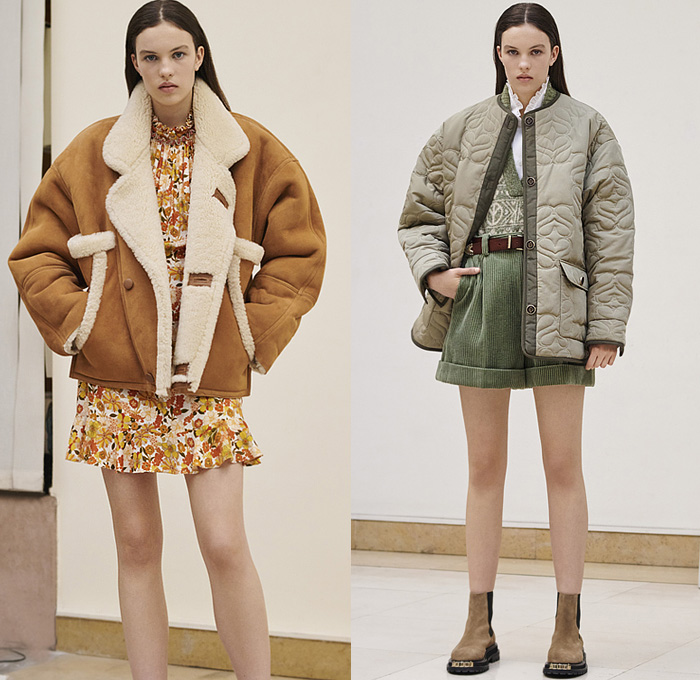 Sandro 2021-2022 Fall Autumn Winter Womens Lookbook Presentation - Paris Fashion Week Femme PFW - Corduroy Coat Peacoat Jacket Blazer Pantsuit Onesie Coveralls Jumpsuit Blouse Paisley Puritan Collar Lace Embroidery Mesh Vest Crop Top Midriff Geometric Jacquard Knit Crochet Sweater Cardigan Ruffles Dress Flowers Floral Scarf Pinstripe Miniskirt Pleats Hotpants Houndstooth Capelet Pellegrina Tiered Puff Sleeves Fur Shearling Quilted Puffer Denim Jeans Basket Handbag Boots Loafers