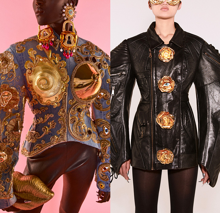Schiaparelli 2021-2022 Fall Autumn Winter Womens Lookbook - Haute Couture Avant Garde High Fashion - Daniel Roseberry - Trompe L'oeil Horns Gold Jewels Crystals Gems Embroidery Lamp Hat Silver Foil Denim Jeans Jacket Anatomy Breastplate Padlock Pearls Beads Mirrors Cross Earrings Necklace Leg O'Mutton Sleeves Flowers Floral Tights Blazer Stirrup Pants Patchwork Fringes Crop Top Midriff Poufy Strapless Gown Draped Ribbon Halterneck Sheer Tulle Mesh Fishnet Mariachi Hat Metal Cap Toe