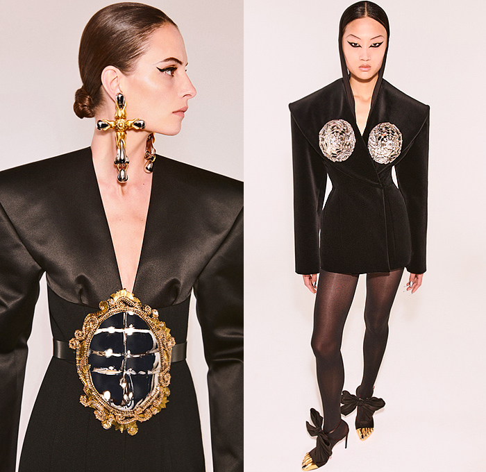 Schiaparelli 2021-2022 Fall Autumn Winter Womens Lookbook - Haute Couture Avant Garde High Fashion - Daniel Roseberry - Trompe L'oeil Horns Gold Jewels Crystals Gems Embroidery Lamp Hat Silver Foil Denim Jeans Jacket Anatomy Breastplate Padlock Pearls Beads Mirrors Cross Earrings Necklace Leg O'Mutton Sleeves Flowers Floral Tights Blazer Stirrup Pants Patchwork Fringes Crop Top Midriff Poufy Strapless Gown Draped Ribbon Halterneck Sheer Tulle Mesh Fishnet Mariachi Hat Metal Cap Toe