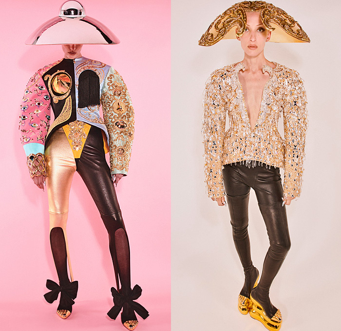 Schiaparelli 2021-2022 Fall Autumn Winter Womens Lookbook - Haute Couture Avant Garde High Fashion - Daniel Roseberry - Trompe L'oeil Horns Gold Jewels Crystals Gems Embroidery Lamp Hat Silver Foil Denim Jeans Jacket Anatomy Breastplate Padlock Pearls Beads Mirrors Cross Earrings Necklace Leg O'Mutton Sleeves Flowers Floral Tights Blazer Stirrup Pants Patchwork Fringes Crop Top Midriff Poufy Strapless Gown Draped Ribbon Halterneck Sheer Tulle Mesh Fishnet Mariachi Hat Metal Cap Toe