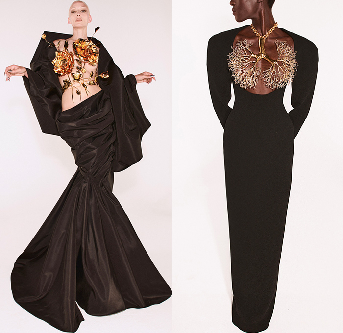 Schiaparelli 2021-2022 Fall Autumn Winter Womens Lookbook - Haute Couture Avant Garde High Fashion - Daniel Roseberry - Trompe L'oeil Horns Gold Jewels Crystals Gems Embroidery Lamp Hat Silver Foil Denim Jeans Jacket Anatomy Breastplate Padlock Pearls Beads Mirrors Cross Earrings Necklace Leg O'Mutton Sleeves Flowers Floral Tights Blazer Stirrup Pants Patchwork Fringes Crop Top Midriff Poufy Strapless Gown Draped Ribbon Halterneck Sheer Tulle Mesh Fishnet Mariachi Hat Metal Cap Toe