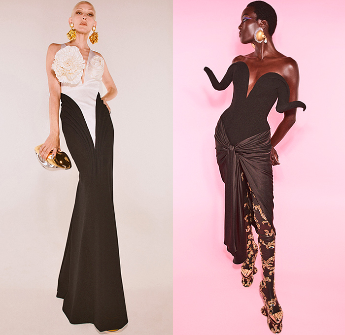 Schiaparelli 2021-2022 Fall Autumn Winter Womens Lookbook - Haute Couture Avant Garde High Fashion - Daniel Roseberry - Trompe L'oeil Horns Gold Jewels Crystals Gems Embroidery Lamp Hat Silver Foil Denim Jeans Jacket Anatomy Breastplate Padlock Pearls Beads Mirrors Cross Earrings Necklace Leg O'Mutton Sleeves Flowers Floral Tights Blazer Stirrup Pants Patchwork Fringes Crop Top Midriff Poufy Strapless Gown Draped Ribbon Halterneck Sheer Tulle Mesh Fishnet Mariachi Hat Metal Cap Toe