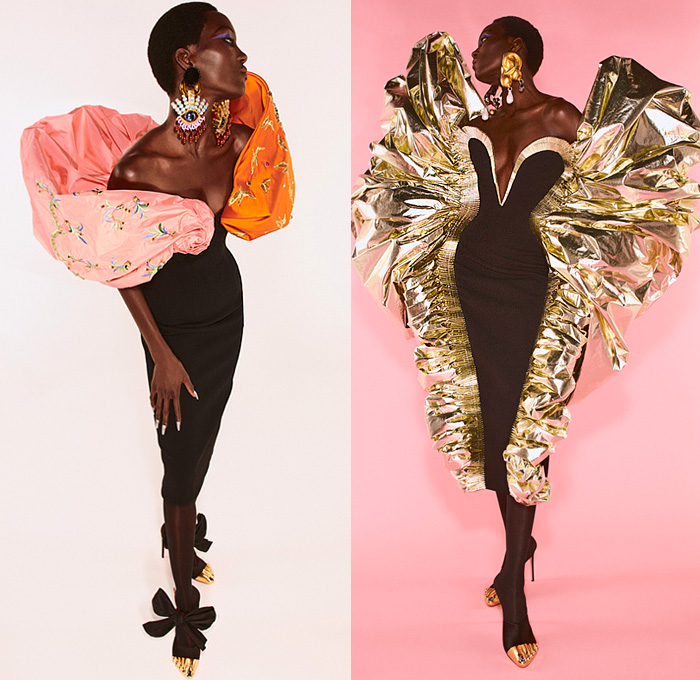 Schiaparelli 2021-2022 Fall Autumn Winter Womens Lookbook - Haute Couture Avant Garde High Fashion - Daniel Roseberry - Trompe L'oeil Horns Gold Jewels Crystals Gems Embroidery Lamp Hat Silver Foil Denim Jeans Jacket Anatomy Breastplate Padlock Pearls Beads Mirrors Cross Earrings Necklace Leg O'Mutton Sleeves Flowers Floral Tights Blazer Stirrup Pants Patchwork Fringes Crop Top Midriff Poufy Strapless Gown Draped Ribbon Halterneck Sheer Tulle Mesh Fishnet Mariachi Hat Metal Cap Toe