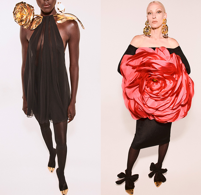 Schiaparelli 2021-2022 Fall Autumn Winter Womens Lookbook - Haute Couture Avant Garde High Fashion - Daniel Roseberry - Trompe L'oeil Horns Gold Jewels Crystals Gems Embroidery Lamp Hat Silver Foil Denim Jeans Jacket Anatomy Breastplate Padlock Pearls Beads Mirrors Cross Earrings Necklace Leg O'Mutton Sleeves Flowers Floral Tights Blazer Stirrup Pants Patchwork Fringes Crop Top Midriff Poufy Strapless Gown Draped Ribbon Halterneck Sheer Tulle Mesh Fishnet Mariachi Hat Metal Cap Toe