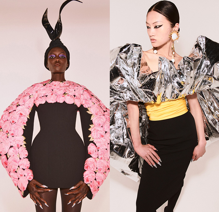Schiaparelli 2021-2022 Fall Autumn Winter Womens Lookbook - Haute Couture Avant Garde High Fashion - Daniel Roseberry - Trompe L'oeil Horns Gold Jewels Crystals Gems Embroidery Lamp Hat Silver Foil Denim Jeans Jacket Anatomy Breastplate Padlock Pearls Beads Mirrors Cross Earrings Necklace Leg O'Mutton Sleeves Flowers Floral Tights Blazer Stirrup Pants Patchwork Fringes Crop Top Midriff Poufy Strapless Gown Draped Ribbon Halterneck Sheer Tulle Mesh Fishnet Mariachi Hat Metal Cap Toe