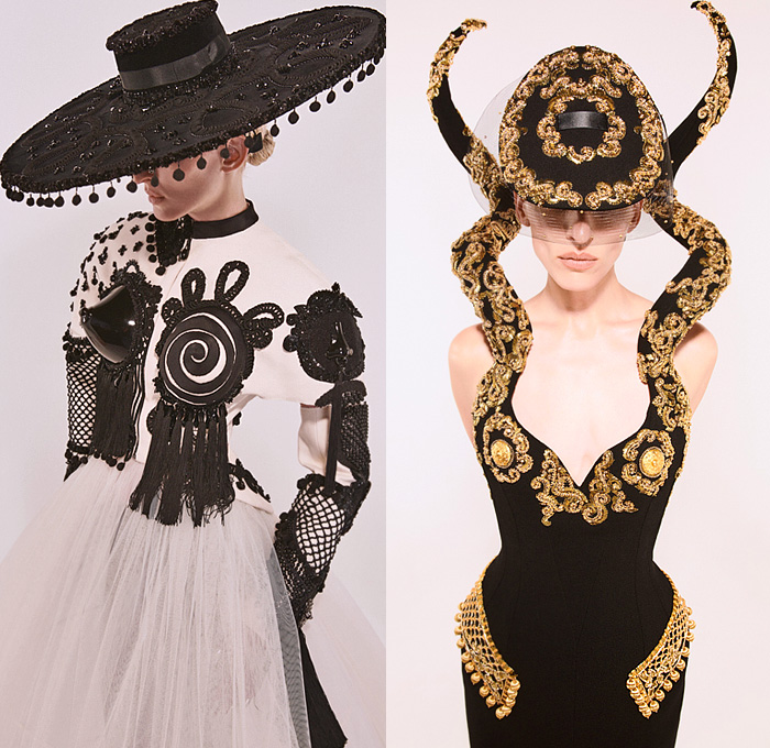 Schiaparelli 2021-2022 Fall Autumn Winter Womens Lookbook - Haute Couture Avant Garde High Fashion - Daniel Roseberry - Trompe L'oeil Horns Gold Jewels Crystals Gems Embroidery Lamp Hat Silver Foil Denim Jeans Jacket Anatomy Breastplate Padlock Pearls Beads Mirrors Cross Earrings Necklace Leg O'Mutton Sleeves Flowers Floral Tights Blazer Stirrup Pants Patchwork Fringes Crop Top Midriff Poufy Strapless Gown Draped Ribbon Halterneck Sheer Tulle Mesh Fishnet Mariachi Hat Metal Cap Toe