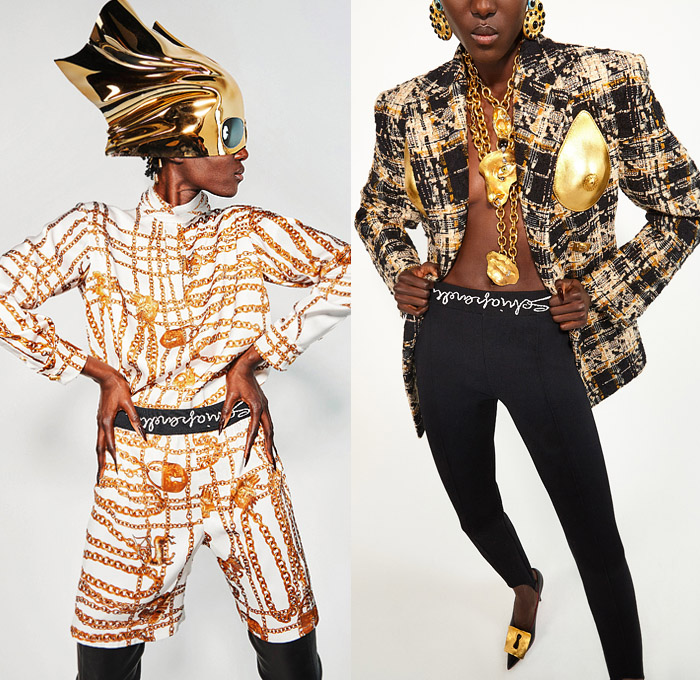 Schiaparelli 2021-2022 Fall Autumn Winter Womens Lookbook Presentation - Paris Fashion Week Femme PFW - Surreal Sculptural Gold Cast Molded Breasts Nose Ears Face Dove Chain Padlock Helmet Denim Jeans Coat Robe Bomber Tuxedo Jacket Hoodie Bedazzled Trompe L'oeil Sequins  Embroidery Knit Sweater Crop Top Midriff Bralette Tweed Plaid Check Pantsuit Puff Ball Wrap Dress Silk Satin Wide Leg Palazzo Pants Stirrup Leggings Shorts Corset Onesie Romper Pleats Miniskirt Wedge Gloves Handbag