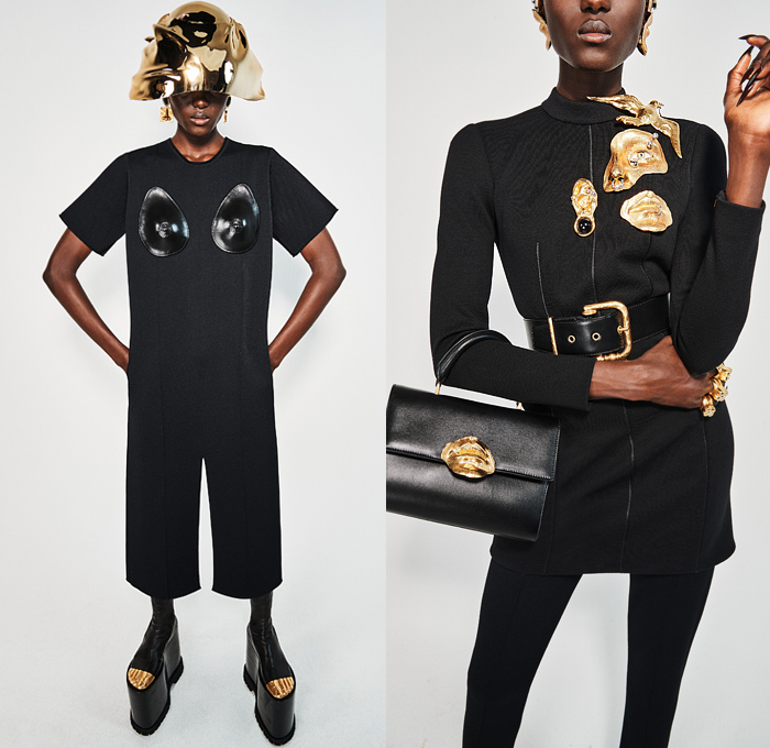 Schiaparelli 2021-2022 Fall Autumn Winter Womens Lookbook Presentation - Paris Fashion Week Femme PFW - Surreal Sculptural Gold Cast Molded Breasts Nose Ears Face Dove Chain Padlock Helmet Denim Jeans Coat Robe Bomber Tuxedo Jacket Hoodie Bedazzled Trompe L'oeil Sequins  Embroidery Knit Sweater Crop Top Midriff Bralette Tweed Plaid Check Pantsuit Puff Ball Wrap Dress Silk Satin Wide Leg Palazzo Pants Stirrup Leggings Shorts Corset Onesie Romper Pleats Miniskirt Wedge Gloves Handbag