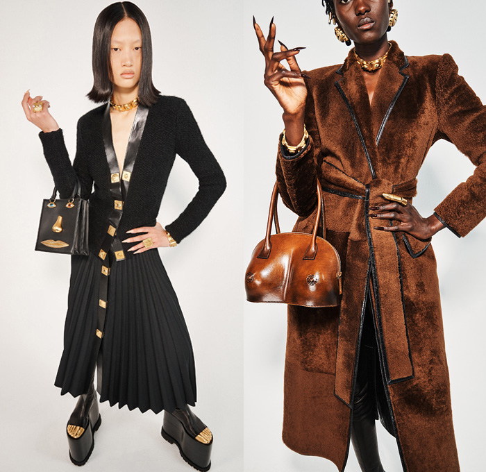 Schiaparelli 2021-2022 Fall Autumn Winter Womens Lookbook Presentation - Paris Fashion Week Femme PFW - Surreal Sculptural Gold Cast Molded Breasts Nose Ears Face Dove Chain Padlock Helmet Denim Jeans Coat Robe Bomber Tuxedo Jacket Hoodie Bedazzled Trompe L'oeil Sequins  Embroidery Knit Sweater Crop Top Midriff Bralette Tweed Plaid Check Pantsuit Puff Ball Wrap Dress Silk Satin Wide Leg Palazzo Pants Stirrup Leggings Shorts Corset Onesie Romper Pleats Miniskirt Wedge Gloves Handbag